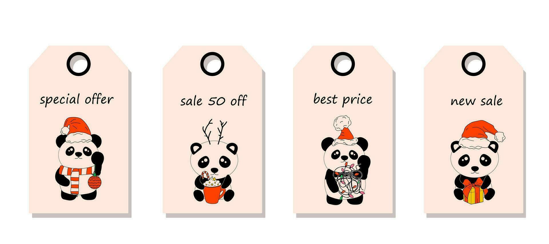 vettore impostato di sconto prezzo tag. etichette con panda con decorazione Natale. Natale saldi.