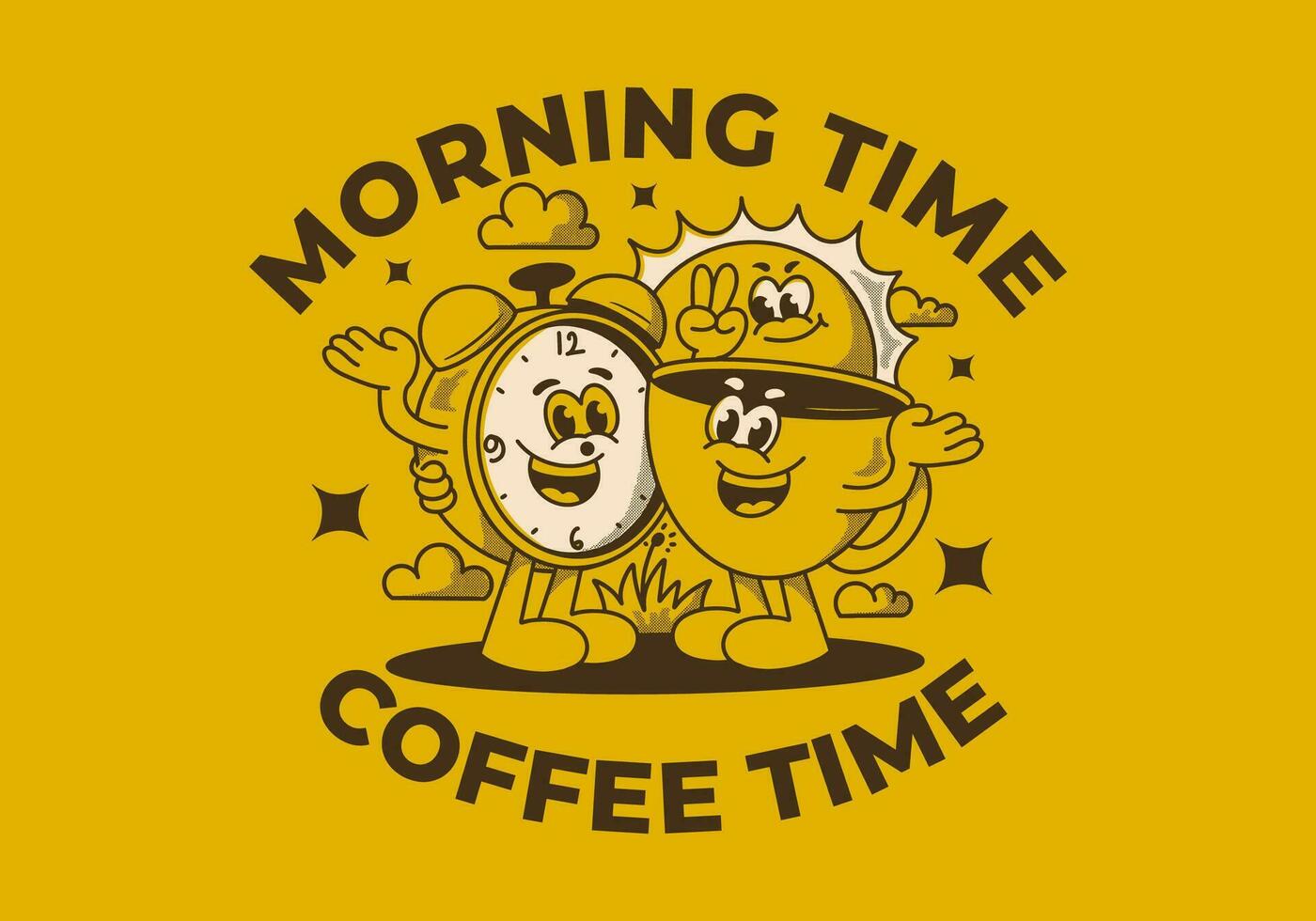 mattina volta, caffè volta. portafortuna personaggio di caffè tazza, allarme orologio e un' sole vettore