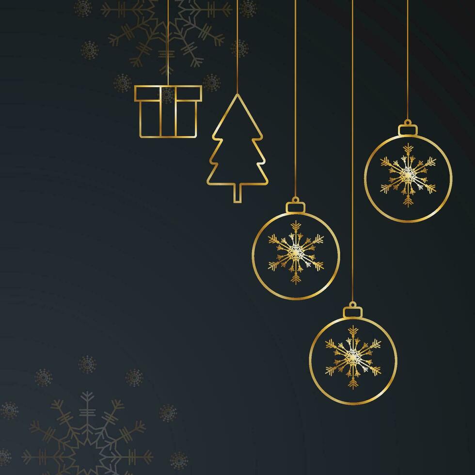 sociale media inviare design allegro Natale nero sfondo con albero e d'oro palle con d'oro regalo scatola vettore