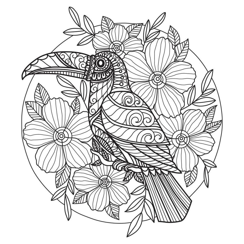 bucero e fiori di ibisco disegnati a mano per libro da colorare per adulti vettore
