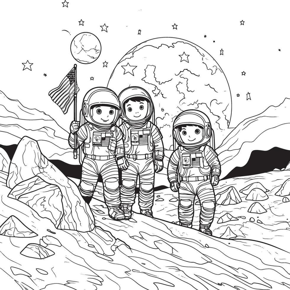 astronauti piantare un' bandiera colorazione pagina vettore