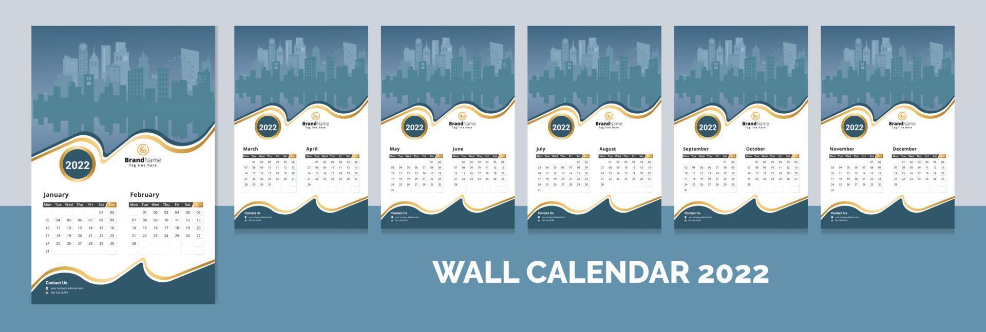 calendario da parete aziendale creativo di 12 mesi 2022, calendario settimanale, design del modello di layout del calendario vettore