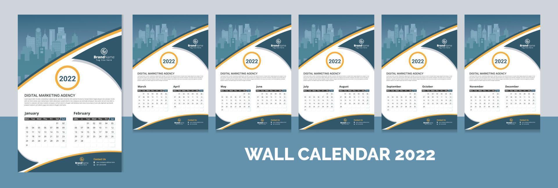 calendario da parete aziendale creativo di 12 mesi 2022, calendario settimanale, design del modello di layout del calendario vettore