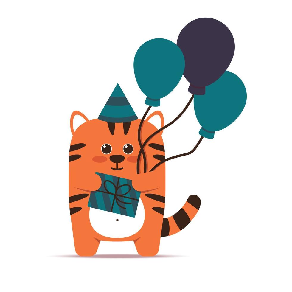 simpatico gatto tigre arancione in uno stile piatto. un animale con palloncini è in piedi con un regalo in una scatola e un berretto. buon compleanno e auguri di festa. per banner, vivaio, arredamento. illustrazione vettoriale. vettore