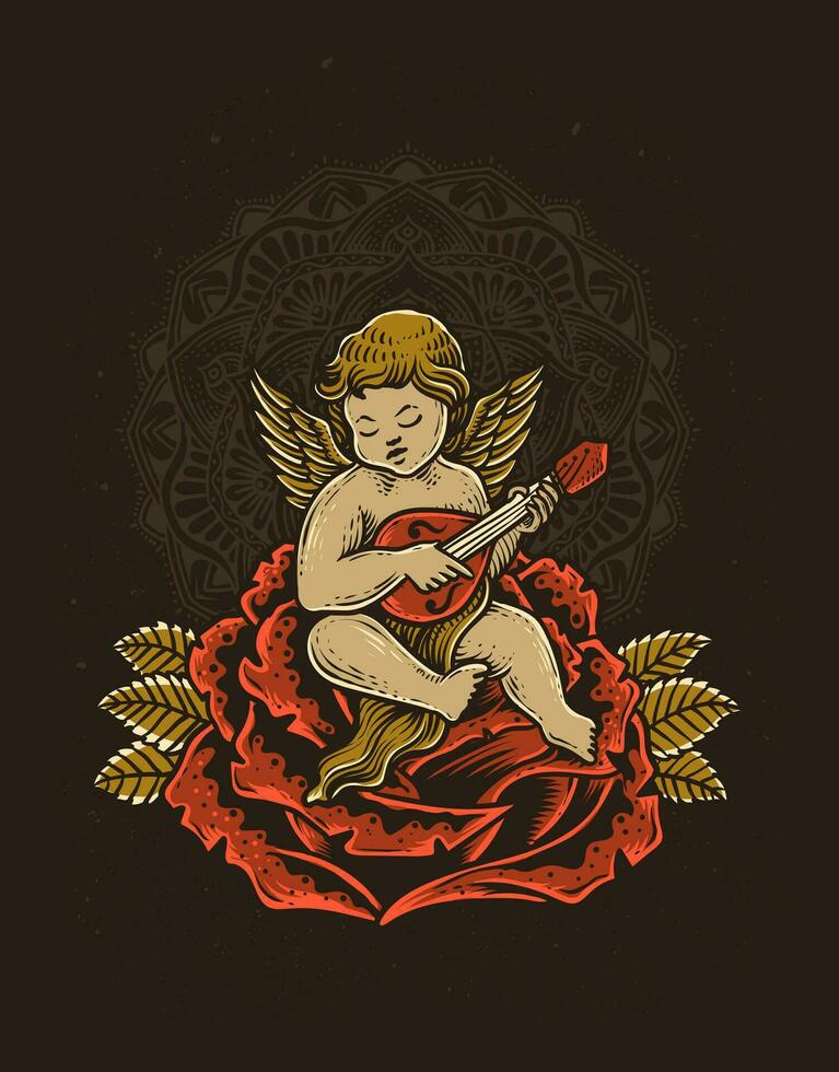 illustrazione mano disegnato. angelo seduta su rosa e giocando chitarra vettore