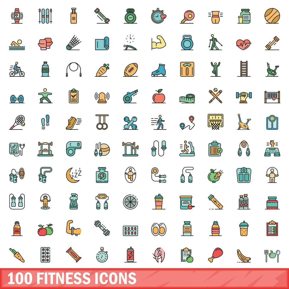 100 fitness icone impostare, colore linea stile vettore