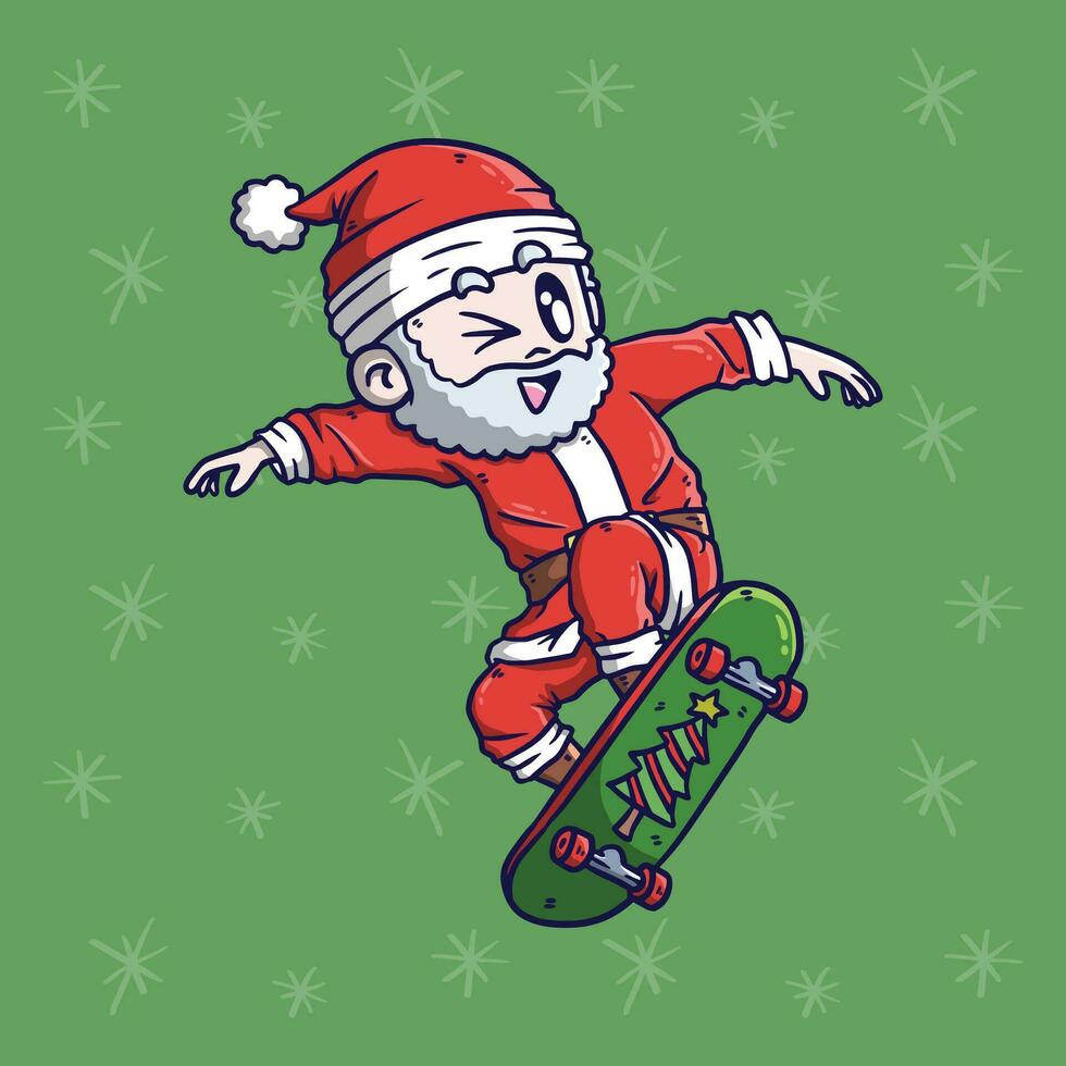 cartone animato vettore illustrazione di carino Santa Claus andare con lo skateboard fare il ollie trucco. Santa Claus portafortuna illustrazione.