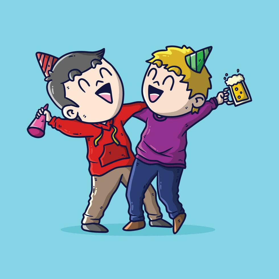 carino cartone animato illustrazione di 2 contento ragazzo nel nuovo anno vigilia festa. nuovo anno vigilia festa vettore illustrazione