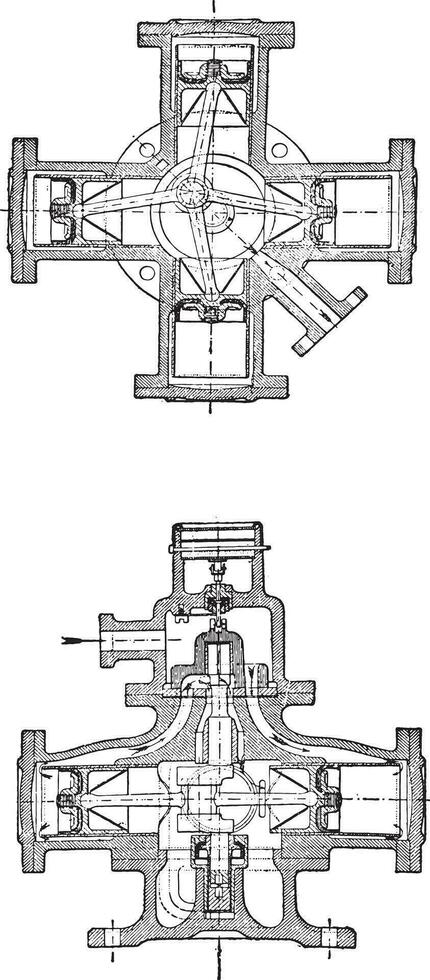 acqua metro per quattro cilindri, samain sistema, Vintage ▾ incisione. vettore