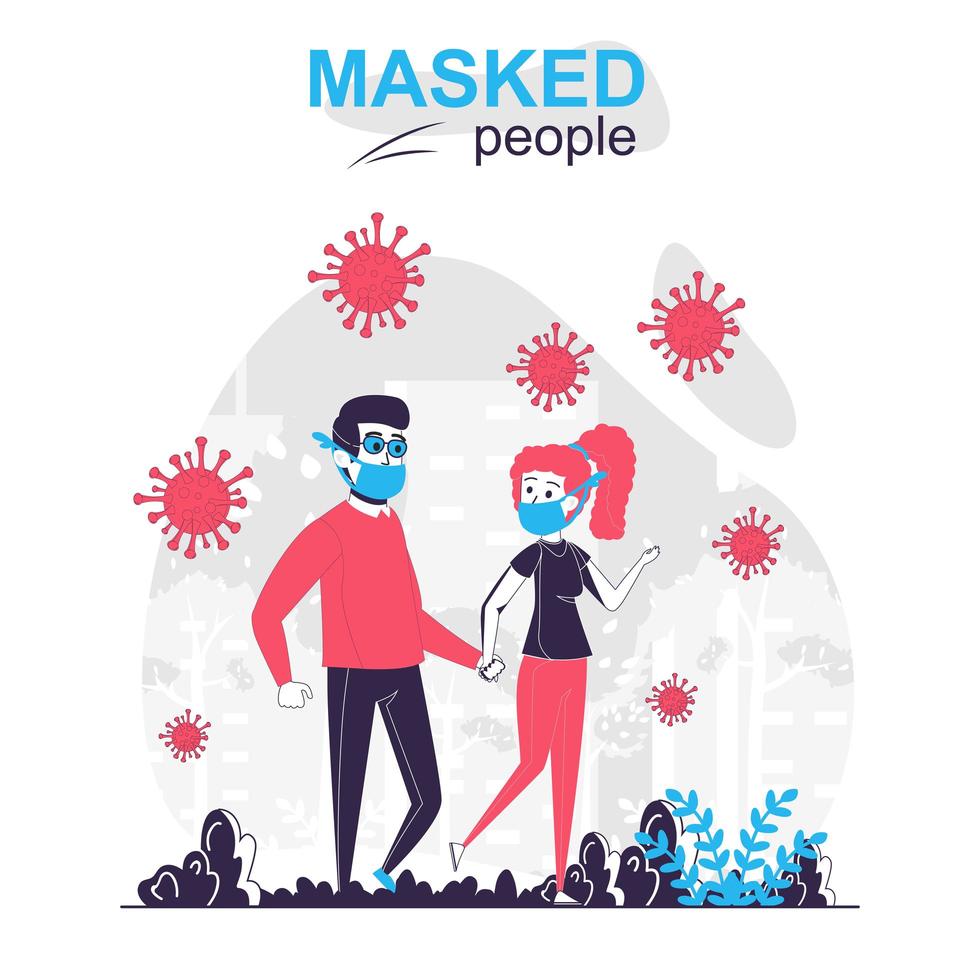 concetto di cartone animato isolato persone mascherate. l'uomo e la donna che indossano maschere stanno camminando nel parco, scene di persone in design piatto. illustrazione vettoriale per blog, sito Web, app mobile, sito mobile.