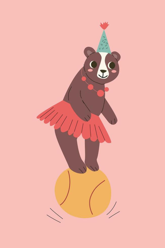 cartone animato orso personaggio su palla nel costume carta vettore