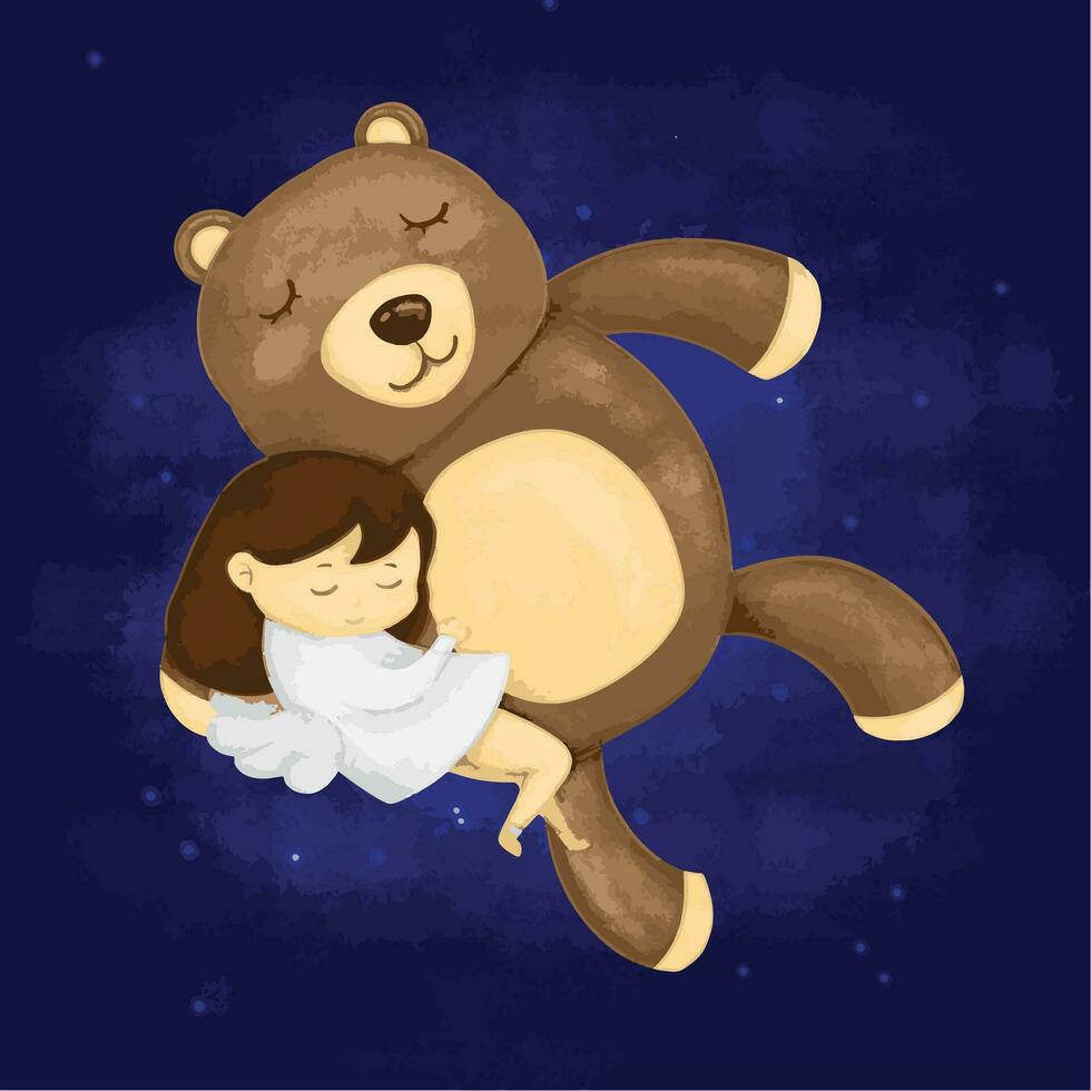 ragazza dormire abbraccio orso dolce sognare amico nel blu notte disegnare dipingere illustrazione vettore design