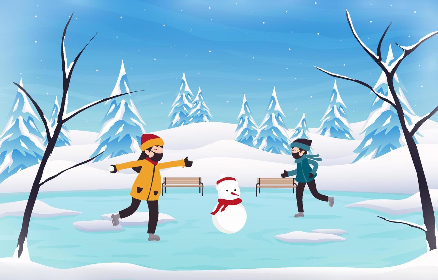 sfondo invernale paese delle meraviglie bambini che giocano a snowboard vettore