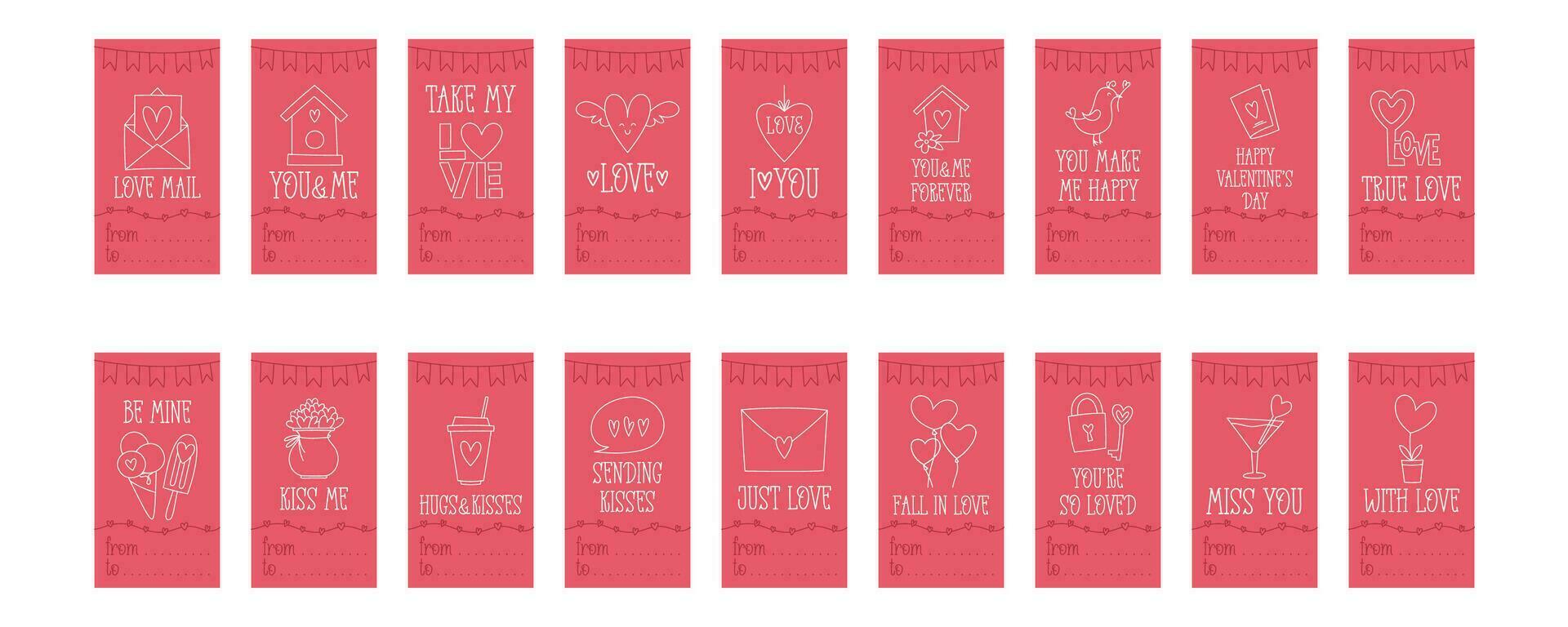 san valentino giorno stampabile regalo tag modello nel scarabocchio stile, disegnato a mano amore tema icone e citazioni. romantico umore, carino simboli e elementi collezione. vettore