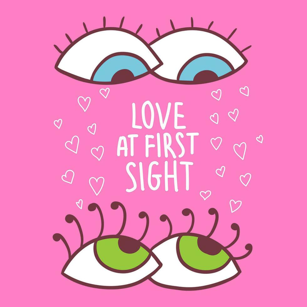 contento San Valentino giorno saluto carta. amore a primo vista. retrò stile illustrazione con anni 90 vibrazione. occhi nel amore. amorevole occhi. bandiera per sociale media vettore