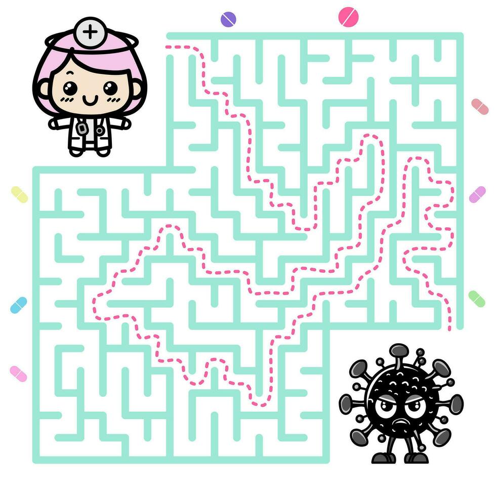 formazione scolastica labirinto gioco per ragazzi, aiutatemi il medico kawaii trova giusto modo per il virus. cartone animato personaggi, labirinto vettore con Rispondere.