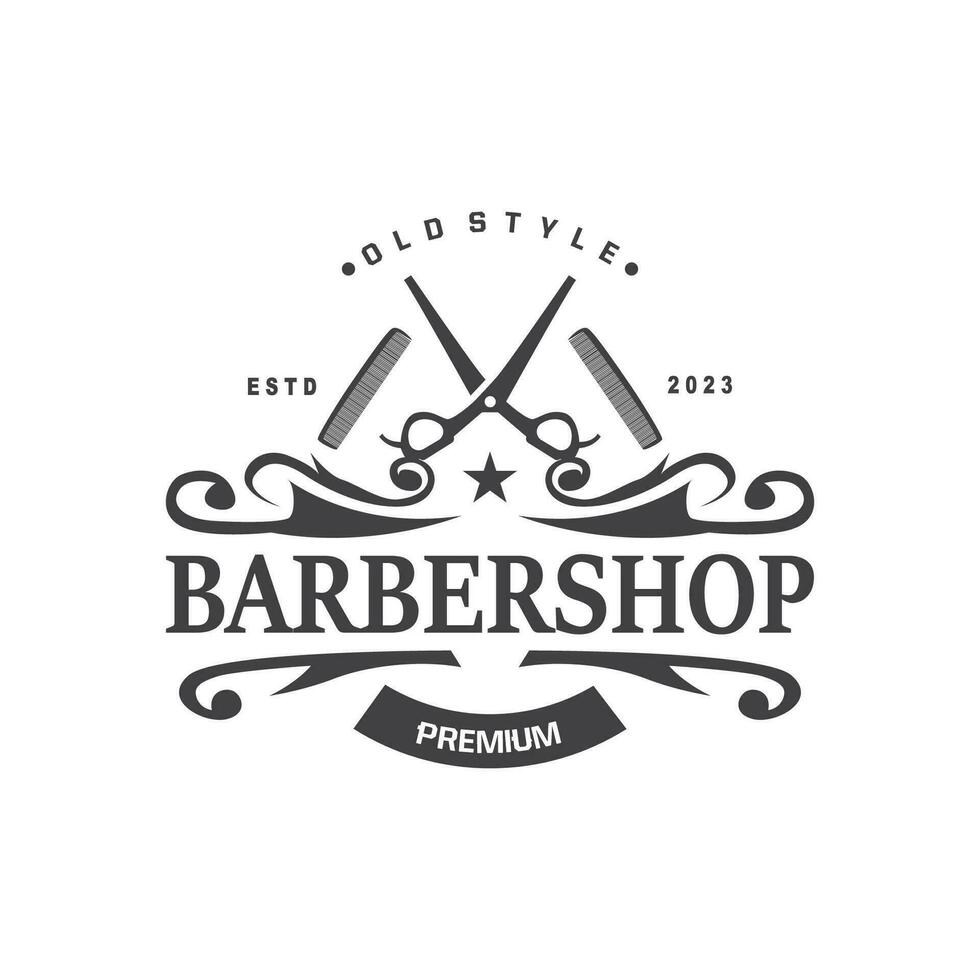 barbiere logo, barbiere forbici vettore, vecchio design retrò Vintage ▾ tipografia ornamento vettore
