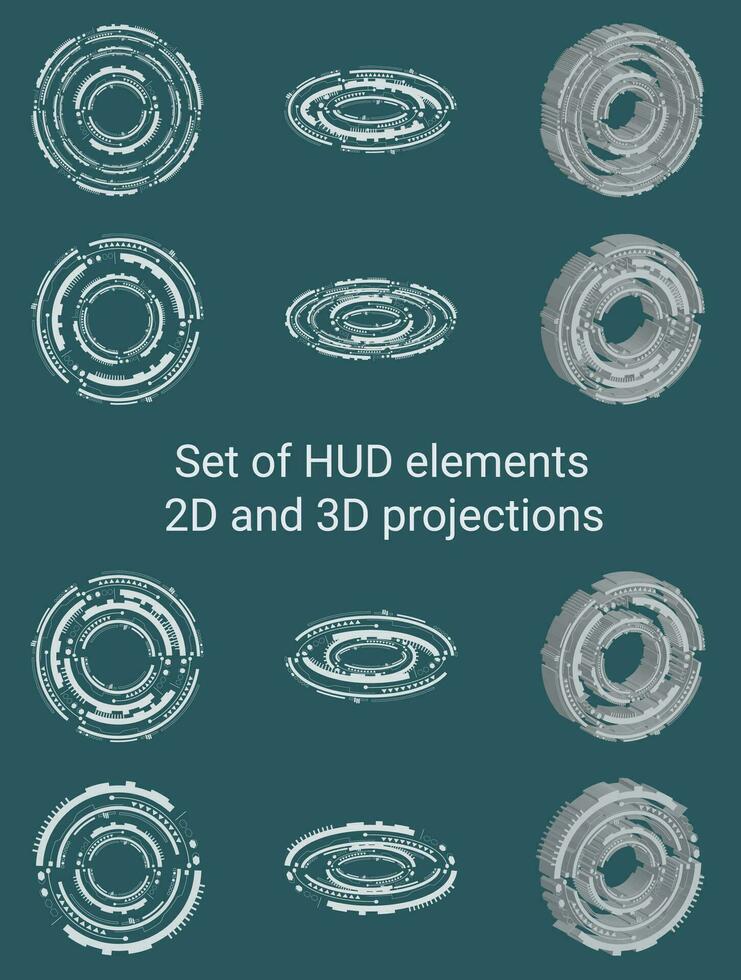 impostato di hud elementi nel 2d e 3d proiezioni per disegno, siti web, diagrammi, tecnologie, carte, inviti, Istruzioni, volantini, progetto, ingegneria vettore