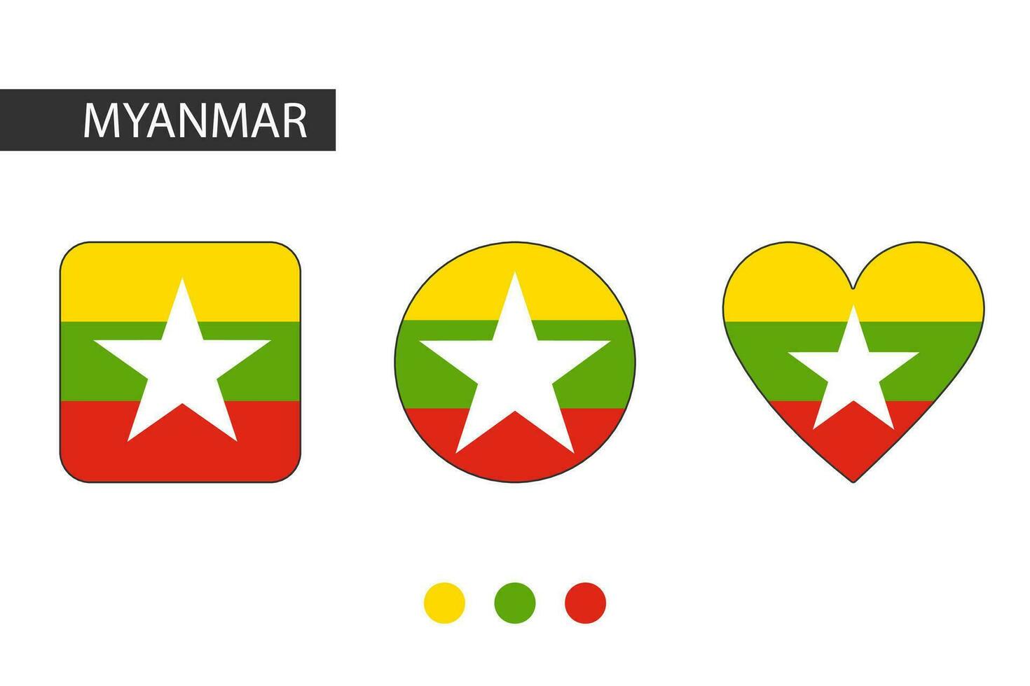 Myanmar 3 forme quadrato, cerchio, cuore con città bandiera. isolato su bianca sfondo. vettore