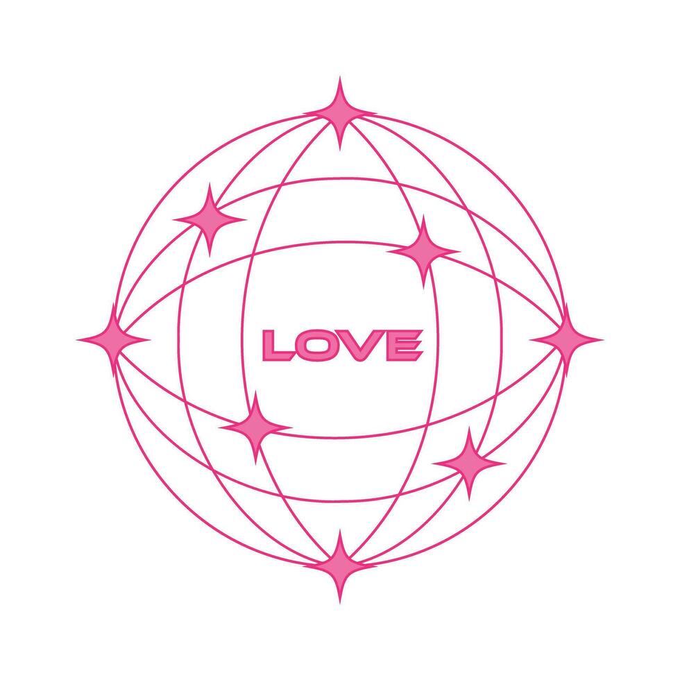 rosa sfera con stelle e parola amore nel y2k stile. vettore illustrazione