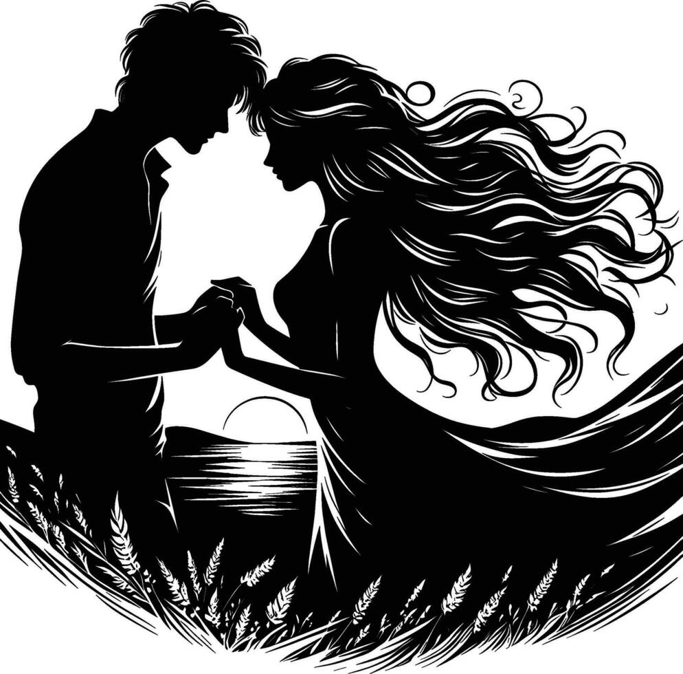 silhouette di un' romantico coppia nel nero e bianca vettore