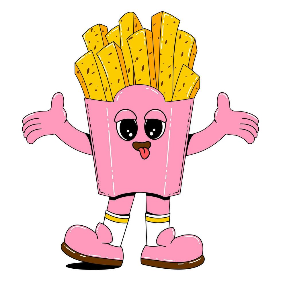 francese patatine fritte personaggio nel retrò cartone animato style.vector illustrazione di veloce cibo con divertente viso, braccia e gambe su isolato bianca sfondo. vettore