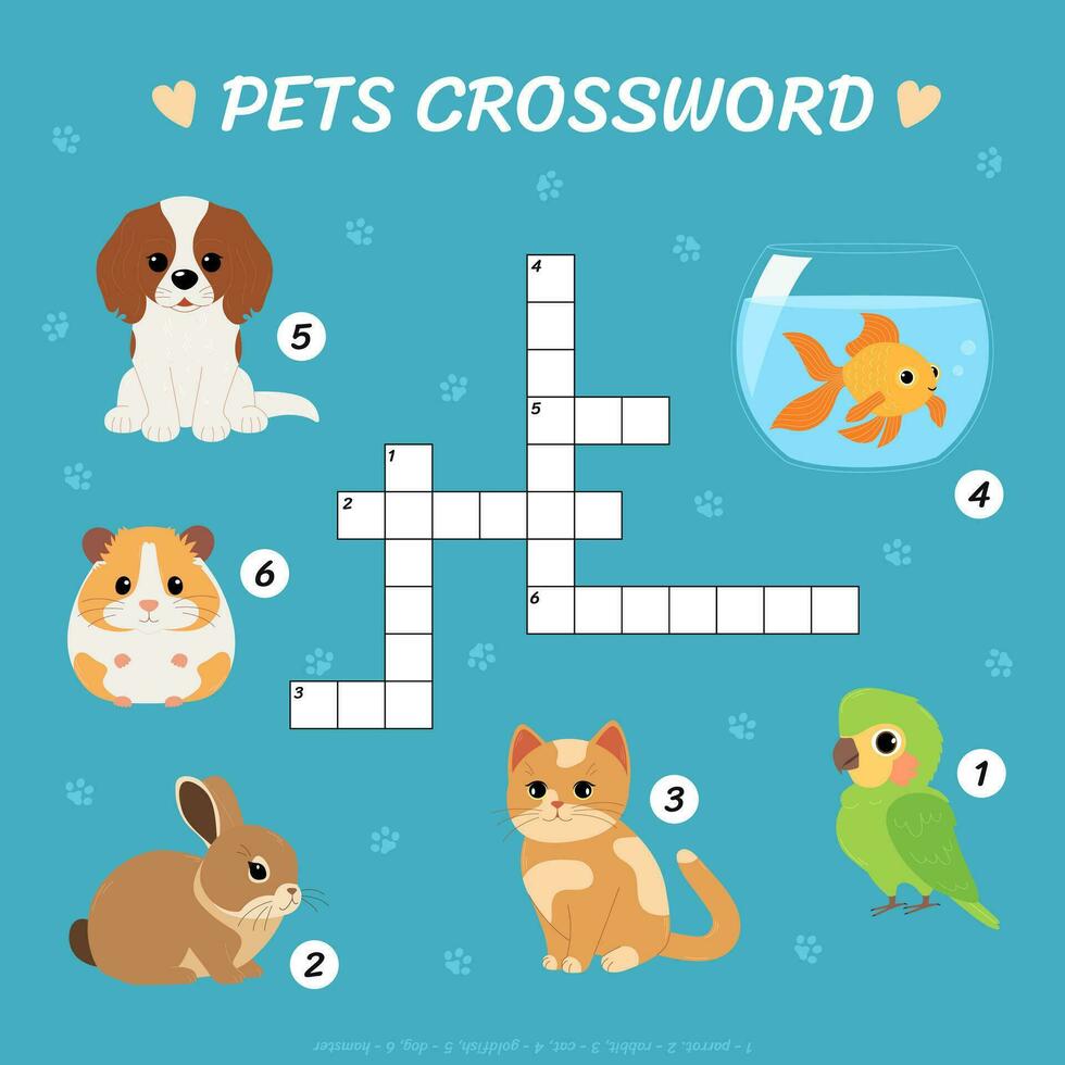 animali domestici cruciverba. figli di educativo puzzle gioco con gatto, cane, coniglio, criceto, pappagallo e pesce rosso. stampabile foglio di lavoro per bambini. vettore piatto illustrazione