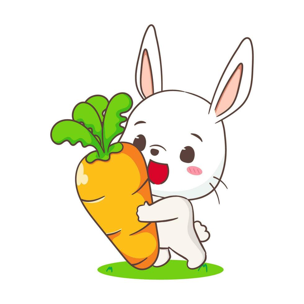 carino coniglio cartone animato con carota. adorabile coniglietto carattere. kawaii animale concetto design. isolato bianca sfondo. portafortuna logo icona vettore illustrazione