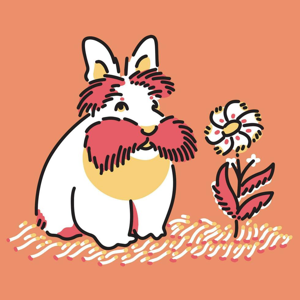 un' coniglio con un' baffi e cespuglioso sopracciglia vicino un' bianca fiore vettore