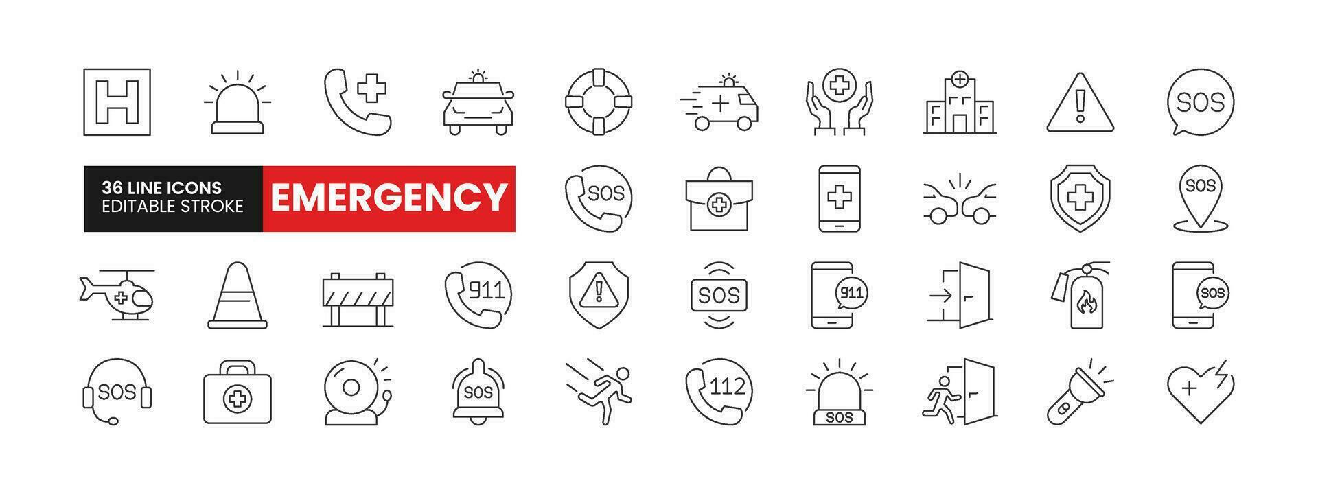 impostato di 36 emergenza linea icone impostare. emergenza schema icone con modificabile ictus collezione. include Polizia Stradale, ambulanza, fuoco allarme, 911, Ospedale, e di più. vettore