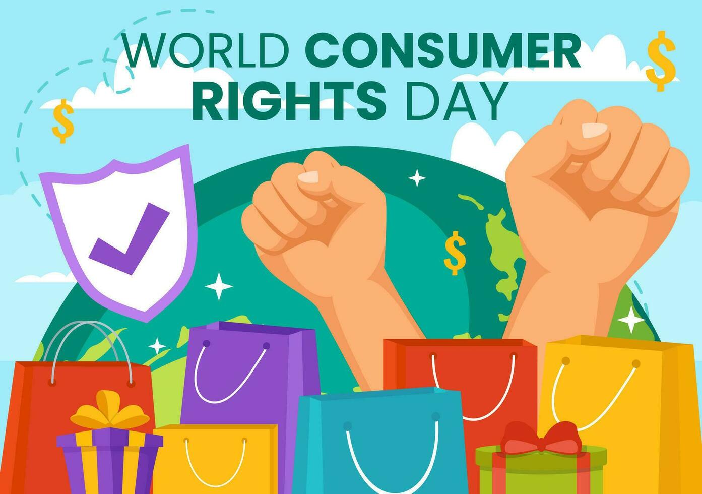 mondo consumatore diritti giorno vettore illustrazione su 15 marzo con shopping borse per essere rispettati e protetta nel piatto cartone animato sfondo