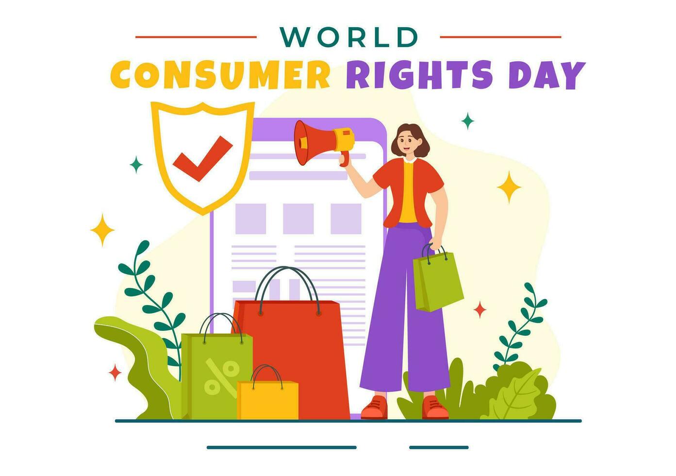 mondo consumatore diritti giorno vettore illustrazione su 15 marzo con shopping borse per essere rispettati e protetta nel piatto cartone animato sfondo