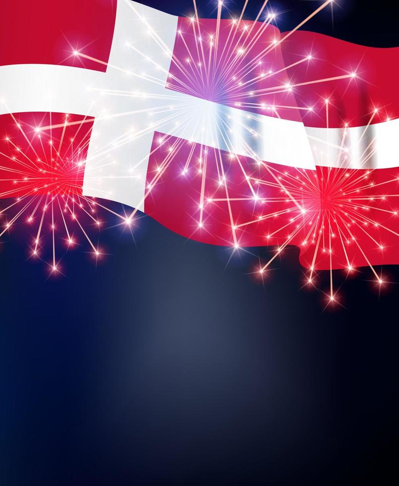 bandiera della danimarca sullo sfondo della vacanza, vittoria, fuochi d'artificio. illustrazione vettoriale