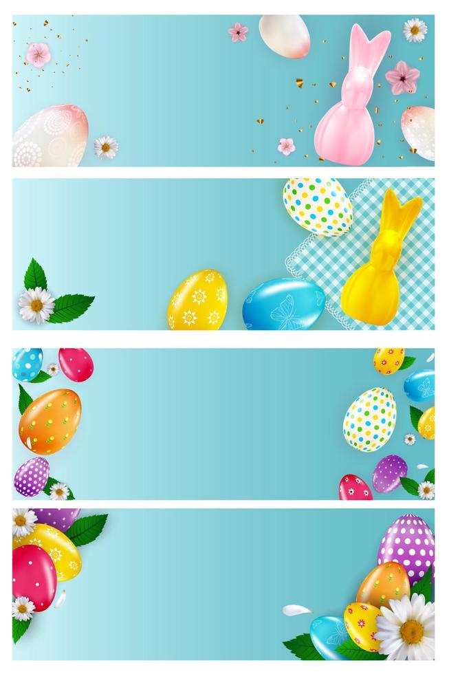 modello di poster vuoto di pasqua impostato con uova di Pasqua realistiche 3d e vernice. modello per pubblicità, poster, volantini, biglietti di auguri. illustrazione vettoriale