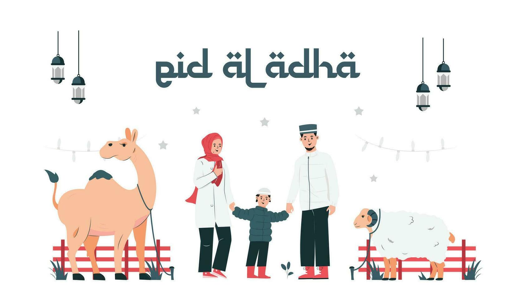 illustrazione vettore grafico di eid al-Adha e il festa di sacrificio . pecora , cammello e famiglia musulmano congratularsi eid al adha Perfetto per manifesto e bandiera