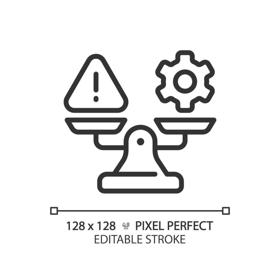 2d pixel Perfetto personalizzabile nero avvertimento e Ingranaggio su peso scala icona, isolato vettore, magro linea illustrazione che rappresentano confronti. vettore