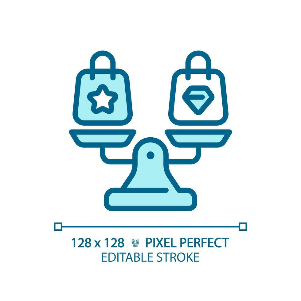 2d pixel Perfetto modificabile blu shopping borse su peso scala icona, isolato vettore, magro linea illustrazione che rappresentano confronti. vettore