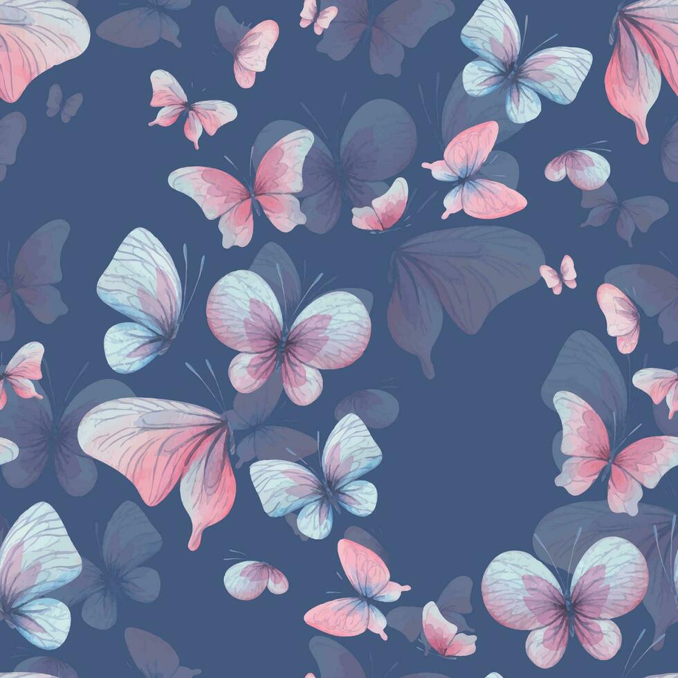 farfalle siamo rosa, blu, lilla, volare, delicato con Ali e spruzzi di dipingere. mano disegnato acquerello illustrazione. senza soluzione di continuità modello su un' blu sfondo, per design. vettore