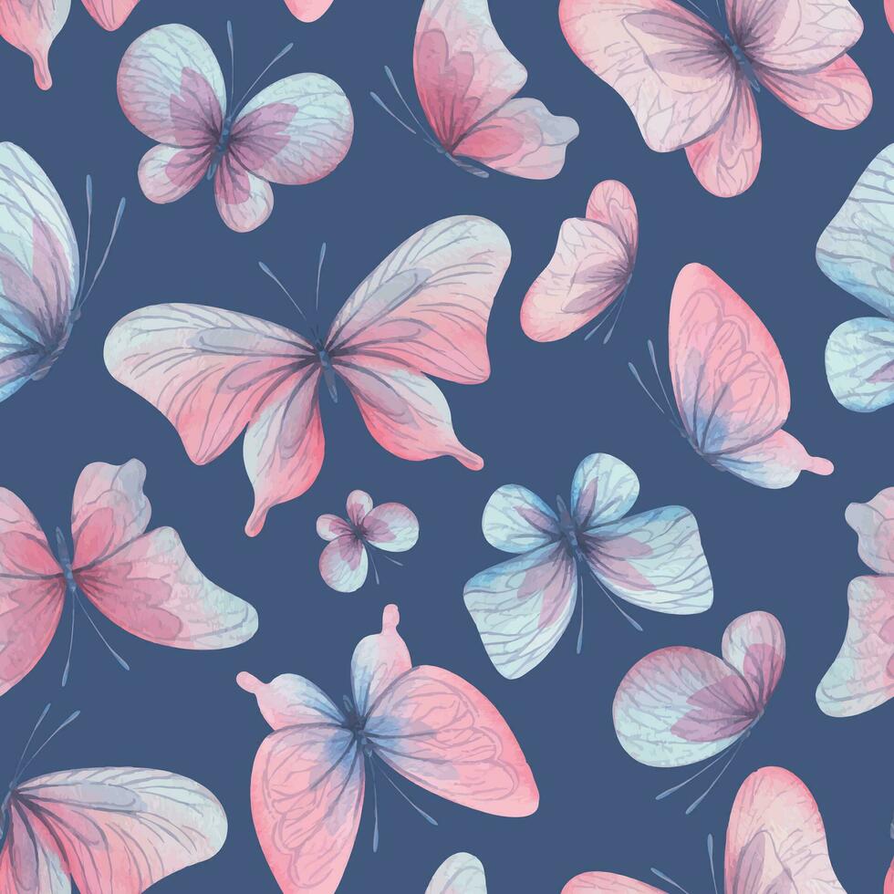 farfalle siamo rosa, blu, lilla, volare, delicato con Ali e spruzzi di dipingere. mano disegnato acquerello illustrazione. senza soluzione di continuità modello su un' blu sfondo, per design. vettore