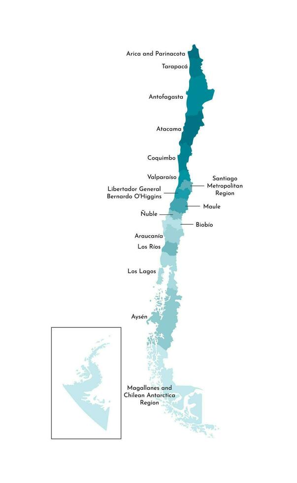 vettore isolato illustrazione di semplificato amministrativo carta geografica di chile. frontiere e nomi di il regioni. colorato blu cachi sagome