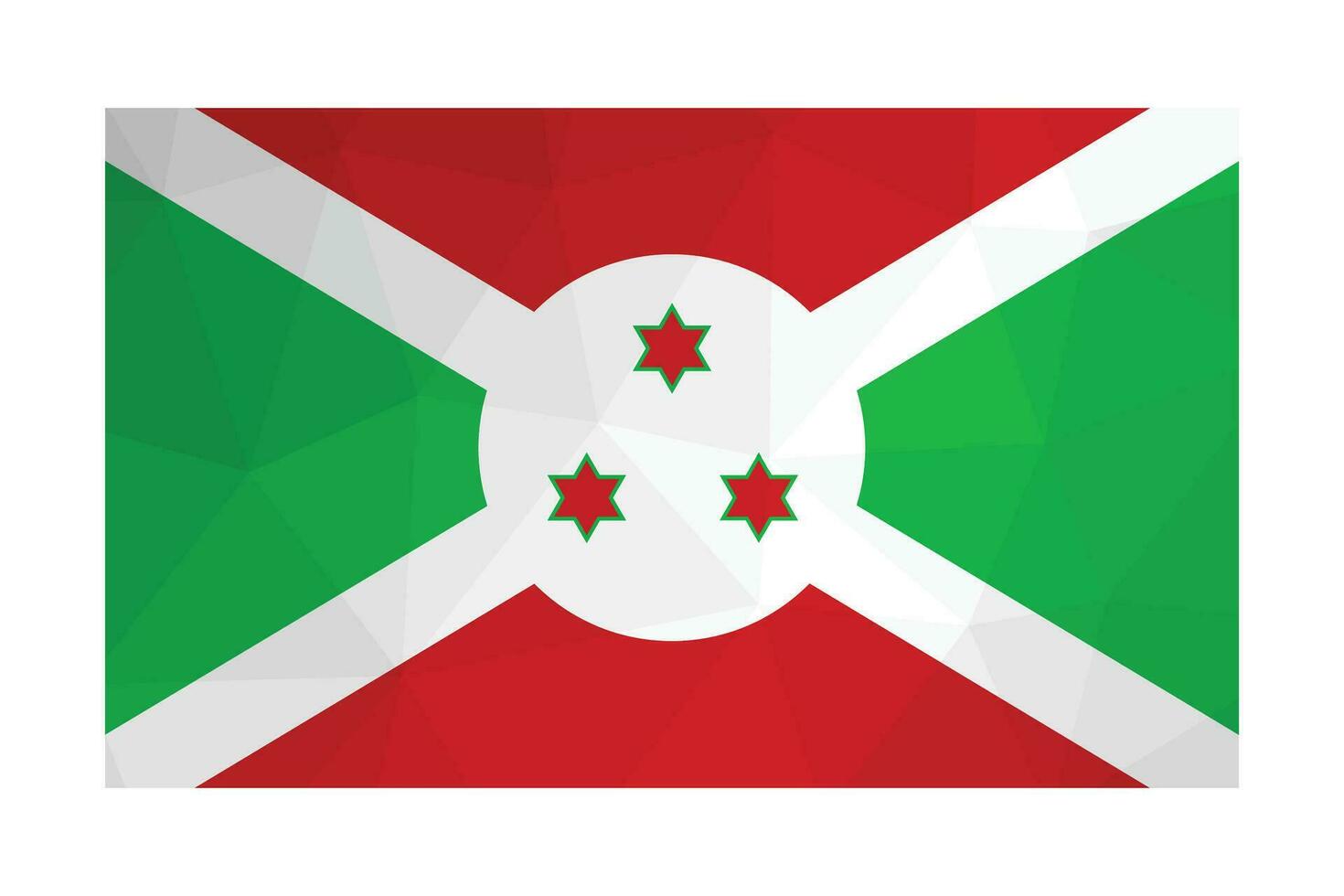 vettore isolato illustrazione. ufficiale simbolo di burundi. nazionale bandiera con verde, rosso, bianca colori e sei appuntito stelle. creativo design nel Basso poli stile con triangolare forme. pendenza effetto.