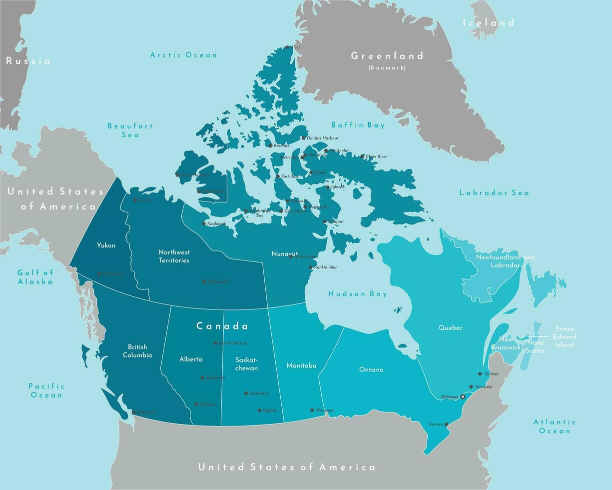 vettore moderno illustrazione. semplificato geografico carta geografica di Canada e più vicino le zone. blu sfondo di mari e oceani. nomi di il città, ottava, toronto e province