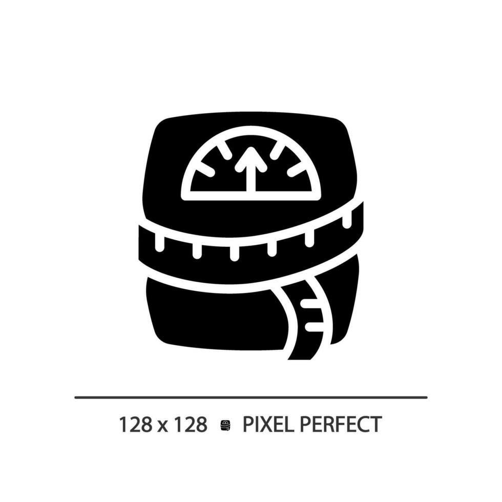 2d pixel Perfetto glifo stile peso scala con nastro misurare icona, isolato silhouette vettore, semplice illustrazione che rappresentano metabolico Salute. vettore