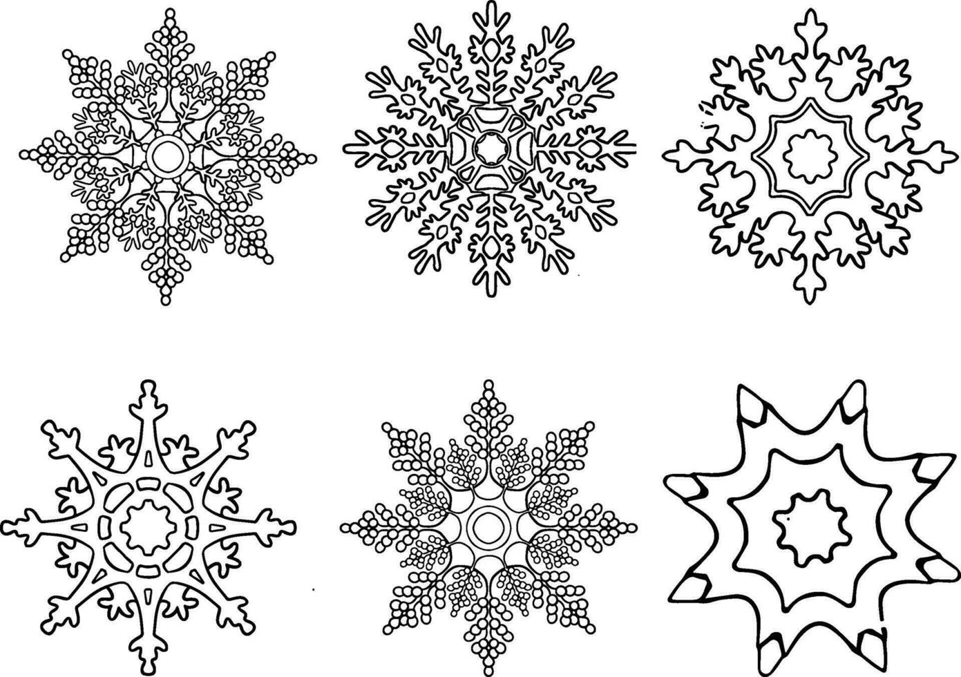 nero e bianca impostato di fiocchi di neve, nuovo anno le cose, linea - arte, linea arte colorazione pagina, vettore. vettore