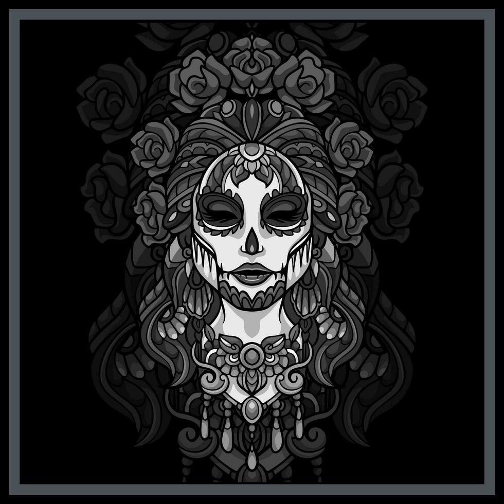 monocromatico Calavera ragazza mandala arti vettore