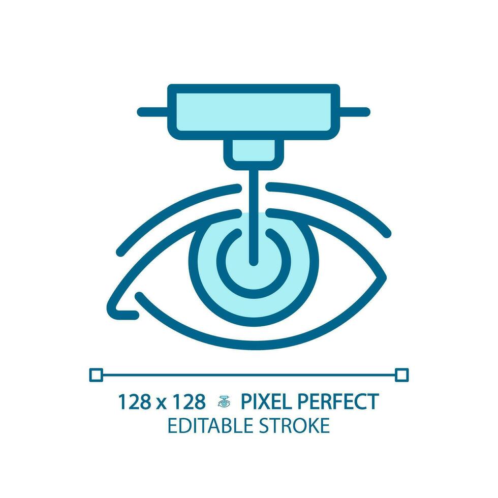 2d pixel Perfetto modificabile blu laser chirurgia icona, isolato monocromatico vettore, magro linea illustrazione che rappresentano occhio cura. vettore