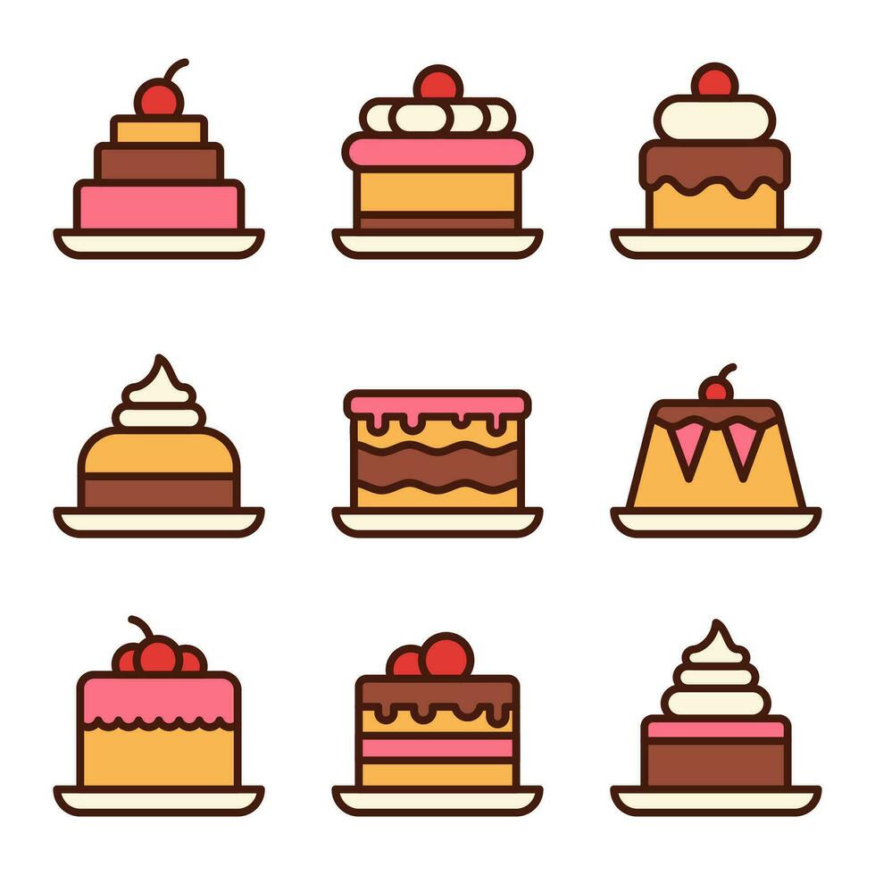 torta dolce linea icone impostare. cartello kit di dolce cibo. semplice delizioso piatto simbolo. dolce compleanno torte, forno Cupcake isolato su bianca. vettore illustrazione