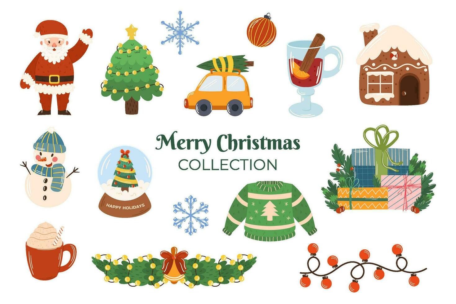 Natale collezione di diverso elementi come un' Santa claus, decorato albero, ghirlanda con campana, palla di neve, pupazzo di neve e Pan di zenzero Casa, vin brulé vino e tazza di cacao vettore