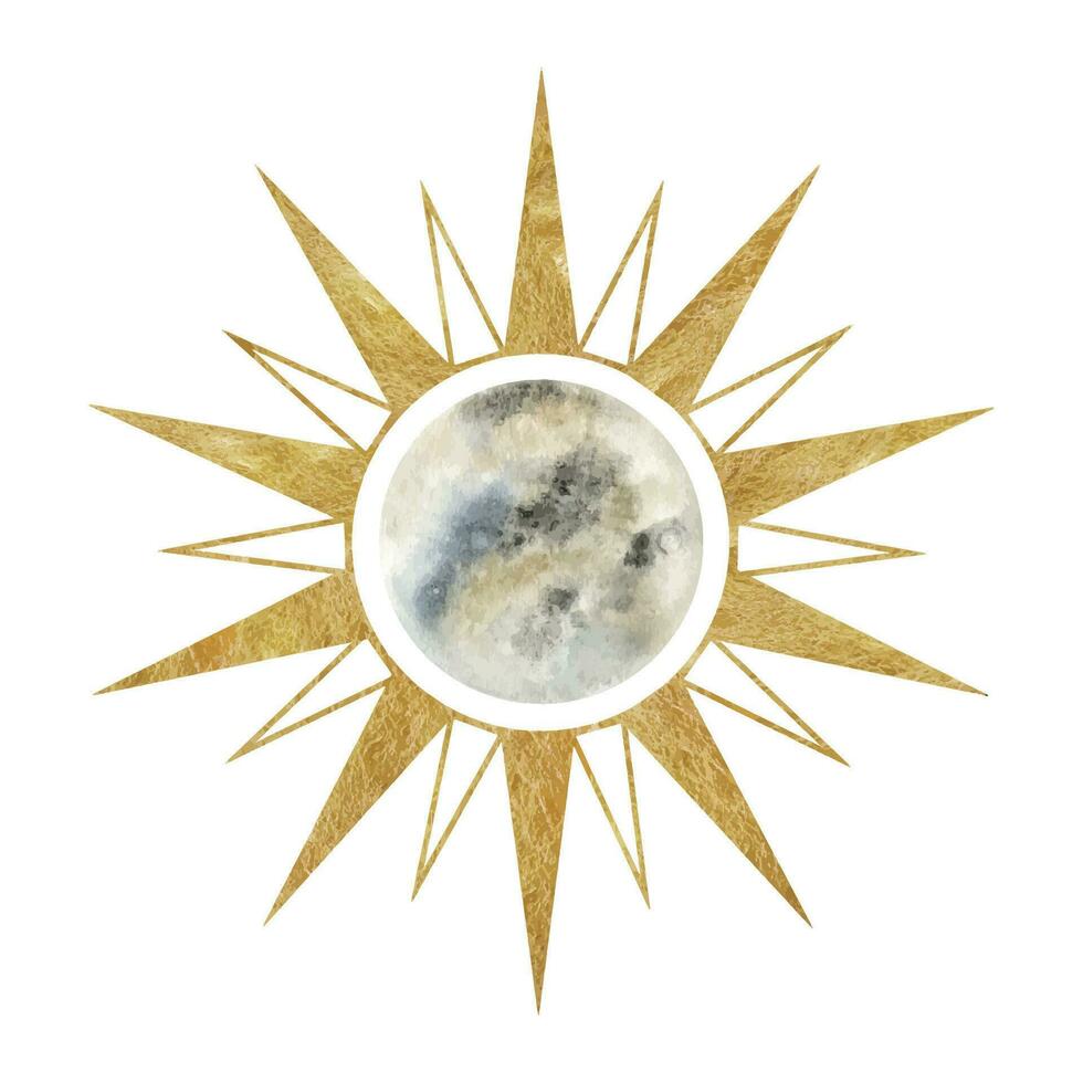 Luna e sole. solare eclisse. esoterico segni e simboli. acquerello illustrazioni su il argomento di astrologia e esoterismo. isolato. minimalista illustrazione per disegno, Stampa, tessuto o sfondo vettore