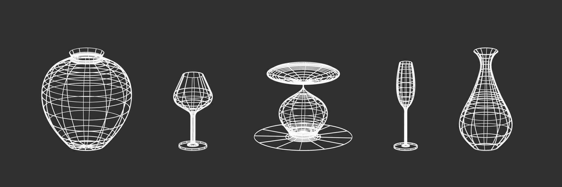 impostato di vasi e bicchieri con filo telaio. nel bianca colore. lineare elementi di retrò design. 3d. y2k . vettore illustrazione per sociale media o manifesti.